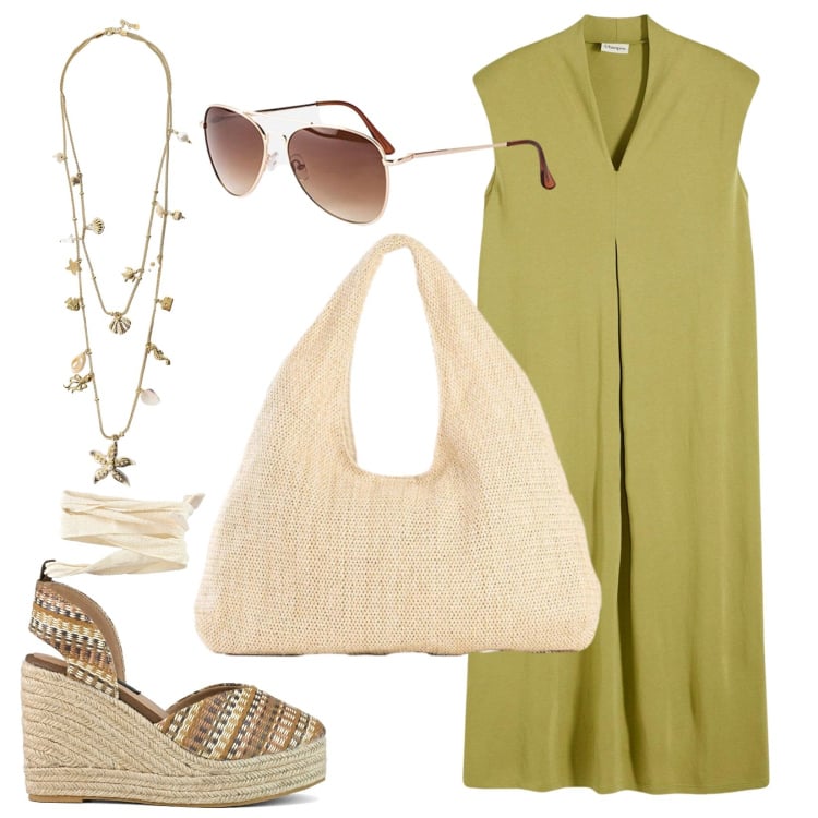 Outfit donna - Linee fluide. Stile Casual per Tutti i giorni. Abbinamento con vestiti, shopping bag, occhiali da sole, collane, zeppe.