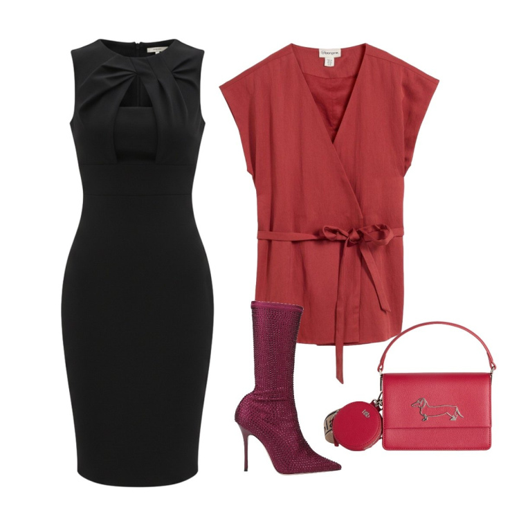 Outfit donna - Occasione mondana formale. Stile Chic per Serata fuori. Abbinamento con stivali, gilet, vestiti a tubino, borse a tracolla.