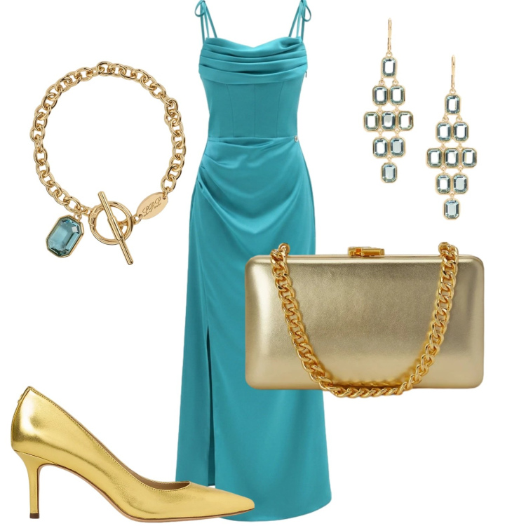 Outfit donna - Eleganza splendente. Stile Chic per Cerimonia. Abbinamento con vestiti lunghi, décolleté, clutch, orecchini, braccialetti.