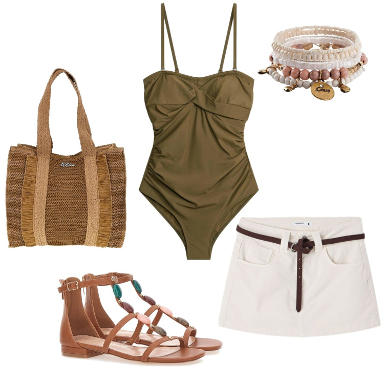 Outfit donna - Not only beachwear. Stile Etnico per Tutti i giorni. Abbinamento con costumi interi, braccialetti con ciondoli, minigonne, sandali gioiello, borse a spalla.