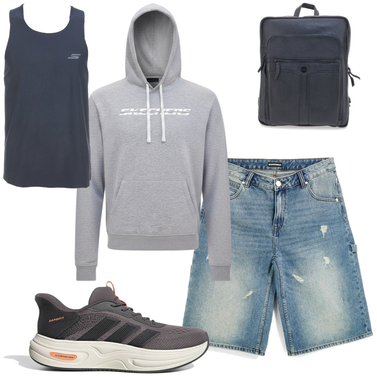 Outfit uomo - Sport. Stile Casual Abbinamento con borse sportive, shorts, felpe con cappuccio, sneakers, t-shirt sportive.