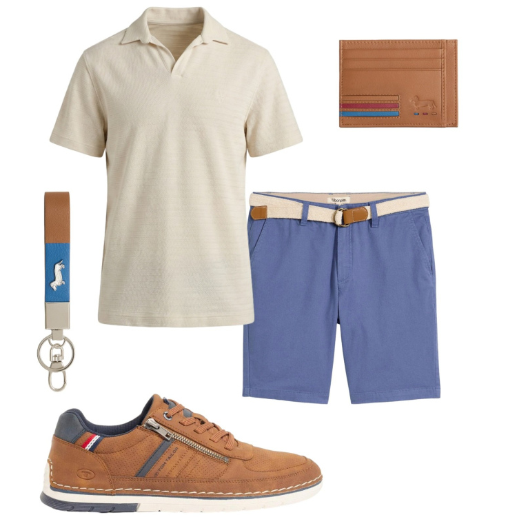 Outfit uomo - Mar Mediterraneo. Stile Trendy Abbinamento con bermuda, sneakers, portachiavi, portafogli, polo.