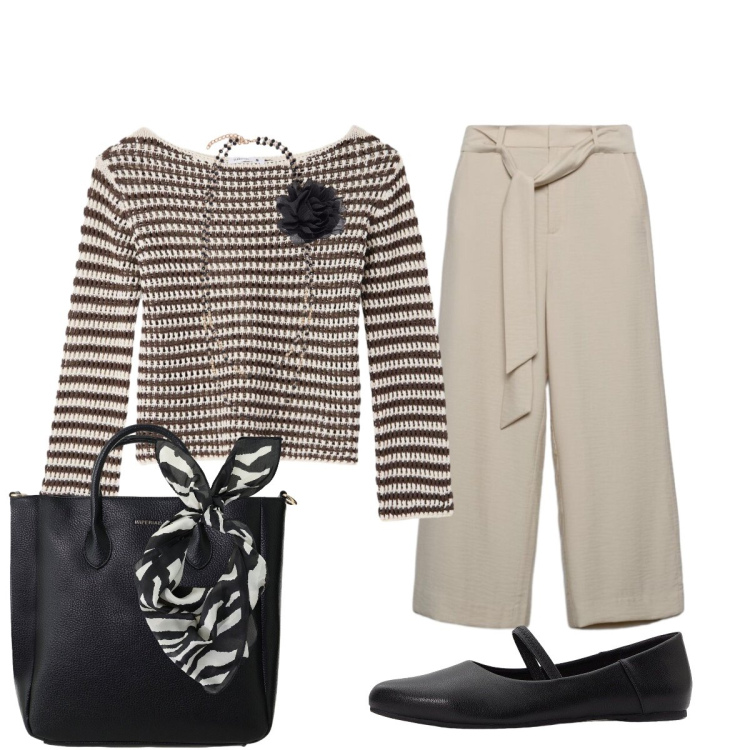 Outfit donna - In città. Stile Chic per Tutti i giorni. Abbinamento con ballerine, pantaloni a palazzo, maglieria, collane, foulard, borse a tracolla.