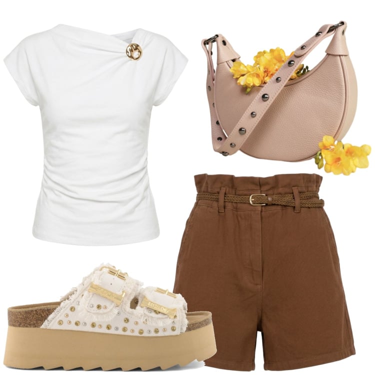 Outfit donna - Total look #2434369. Stile Minimal per Tutti i giorni. Abbinamento con borse a spalla, t-shirt, shorts, zeppe.