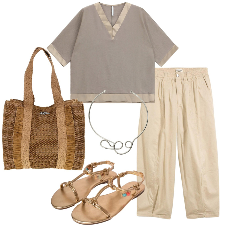 Outfit donna - Total look #2434372. Stile Basic per Tutti i giorni. Abbinamento con pantaloni, collane, sandali in pelle, bluse, borse a spalla.