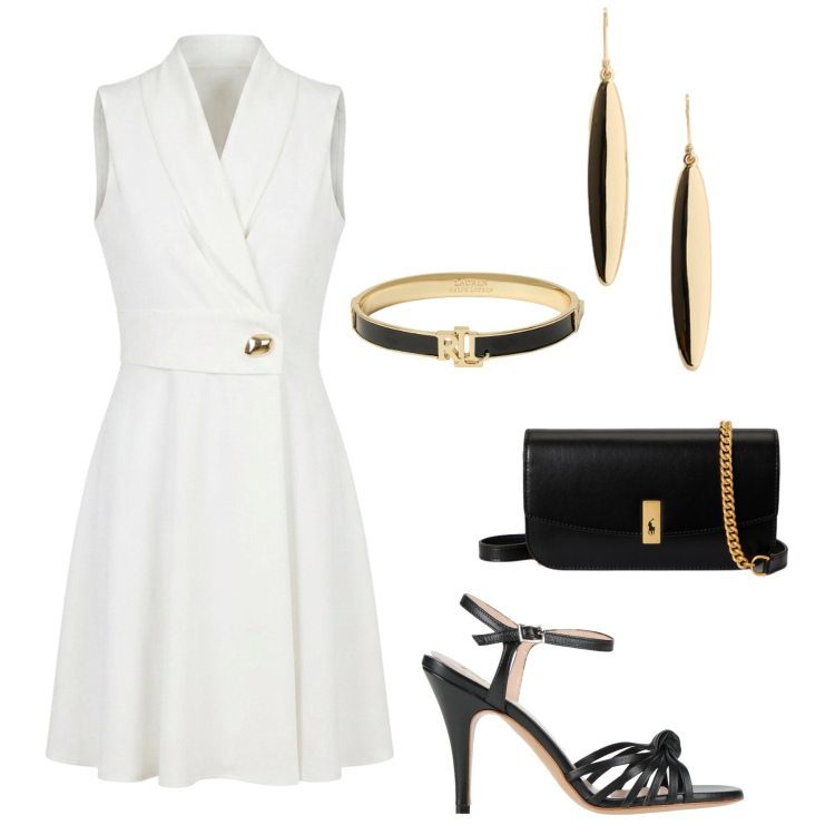 Outfit donna - Eleganza black & white. Stile Chic per Cerimonia. Abbinamento con sandali in pelle, clutch, braccialetti, orecchini, vestiti asimmetrici.