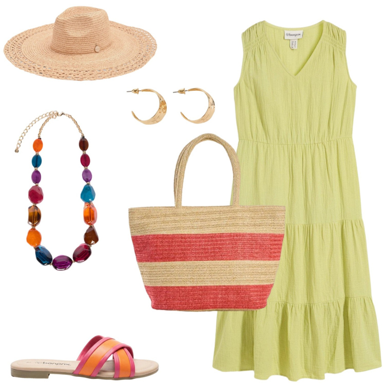 Outfit donna - Estate. Stile Chic per Mare. Abbinamento con shopping bag, vestiti, orecchini, ciabatte, cappelli, collane.