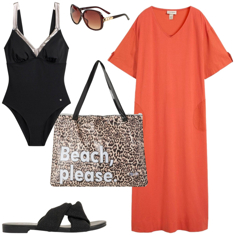 Outfit donna - Al mare. Stile Casual chic per Mare. Abbinamento con vestiti chemisier, costumi interi, sandali, occhiali da sole, borse tote.