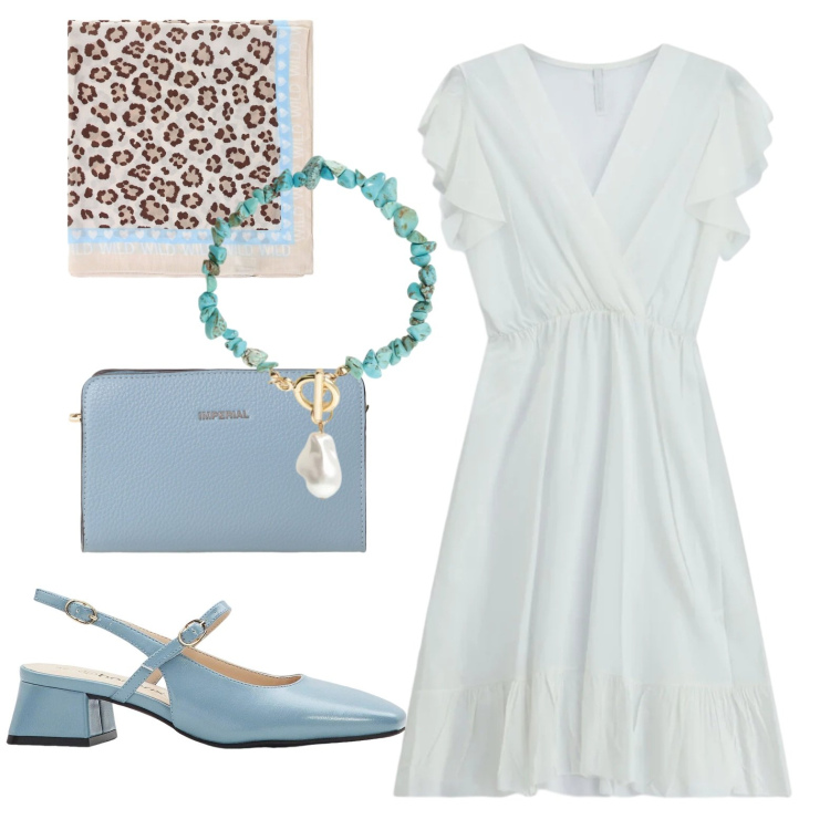 Outfit donna - Chic. Stile Chic per Serata fuori. Abbinamento con décolleté, vestiti corti, borse a tracolla, foulard, braccialetti.
