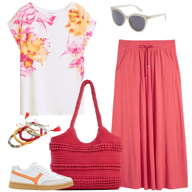 Outfit donna - Colori. Stile Casual per Tutti i giorni. Abbinamento con gonne, shopping bag, t-shirt, sneakers, braccialetti, occhiali da sole.