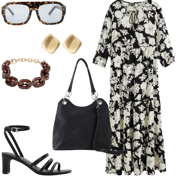 Outfit donna - Abito fluido d\'estate. Stile Casual chic per Tutti i giorni. Abbinamento con braccialetti, borse a mano, sandali col tacco, vestiti lunghi, occhiali da sole, orecchini.