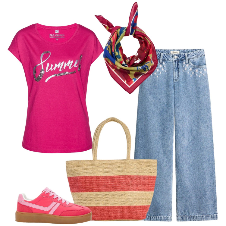Outfit donna - Summer color. Stile Casual per Tutti i giorni. Abbinamento con maglieria, sneakers, shopping bag, jeans, foulard.
