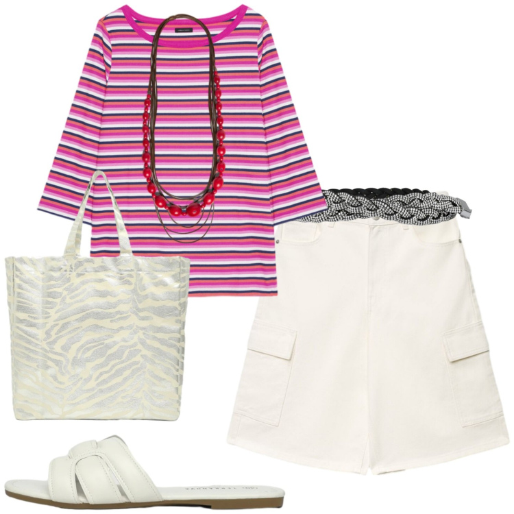 Outfit donna - Casual. Stile Casual per Tutti i giorni. Abbinamento con pantaloni corti, cinture, shopping bag, ciabatte, t-shirt, collane.