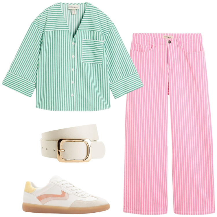 Outfit donna - Sorbetti. Stile Casual per Tutti i giorni. Abbinamento con cinture, sneakers, pantaloni, camicie.