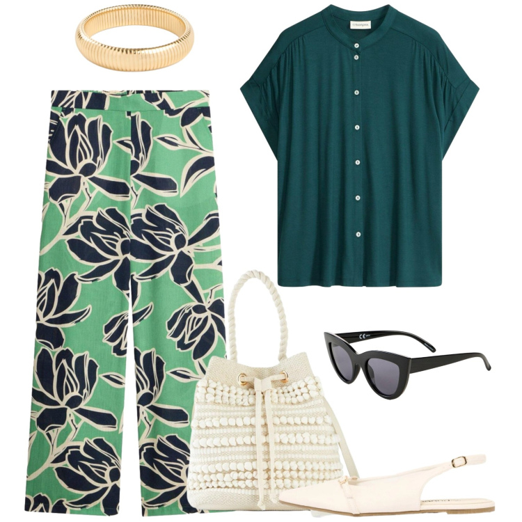 Outfit donna - Verde foresta. Stile Casual chic per Ufficio. Abbinamento con pantaloni a palazzo, camicie a manica corta, occhiali da sole, braccialetti, ballerine, borse a secchiello.