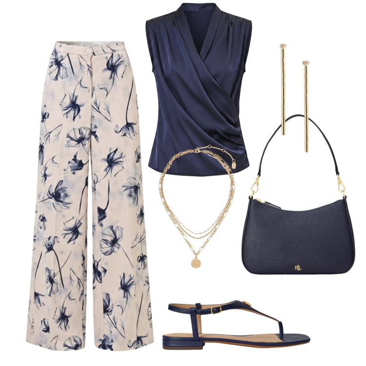 Outfit donna - Eleganza estiva. Stile Glamour per Cerimonia. Abbinamento con top, pantaloni a palazzo, orecchini, borse a spalla, sandali in pelle, ciondoli.