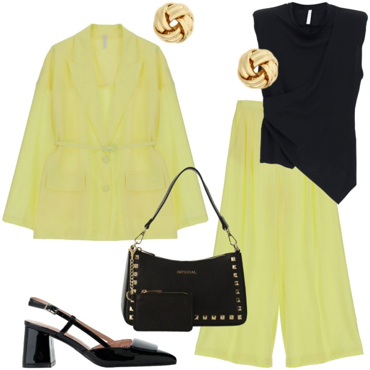 Outfit donna - Night and day. Stile Chic per Tutti i giorni. Abbinamento con pantaloni a palazzo, blazer, borse a spalla, décolleté, top, orecchini.