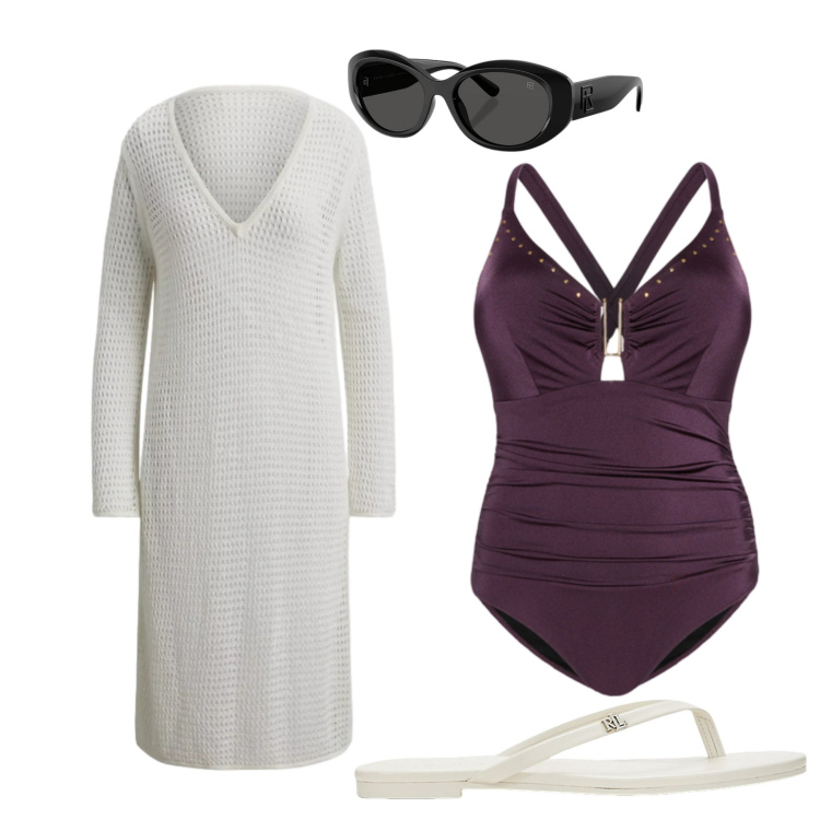 Outfit donna - Copricostume all\'uncinetto. Stile Casual chic per Mare. Abbinamento con costumi interi, ciabatte, vestiti da spiaggia, occhiali da sole.