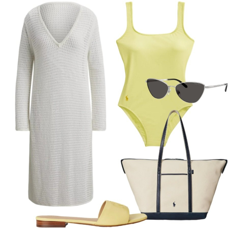 Outfit donna - Mare. Stile Chic per Mare. Abbinamento con occhiali da sole, borse tote, ciabatte, costumi interi, vestiti da spiaggia.