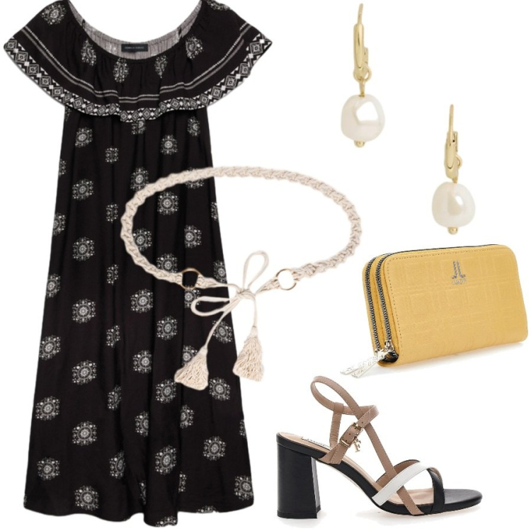 Outfit donna - Colorful Summer. Stile Casual chic per Tutti i giorni. Abbinamento con vestiti lunghi, cinture, orecchini, sandali col tacco, portafogli.