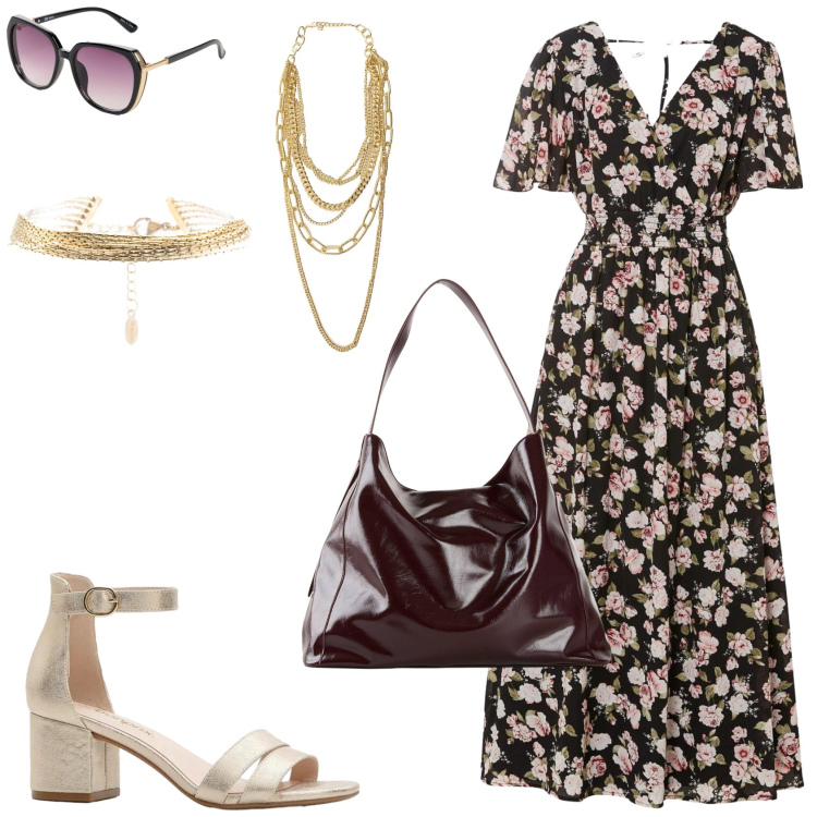 Outfit donna - In estate. Stile Romantica per Tutti i giorni. Abbinamento con vestiti lunghi, occhiali da sole, shopping bag, sandali col tacco, braccialetti, collane.