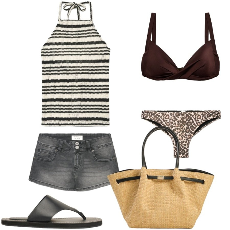 Outfit donna - Appuntamento in spiaggia. Stile Casual chic per Mare. Abbinamento con shopping bag, infradito, bikini, canottiere, shorts, bikini.