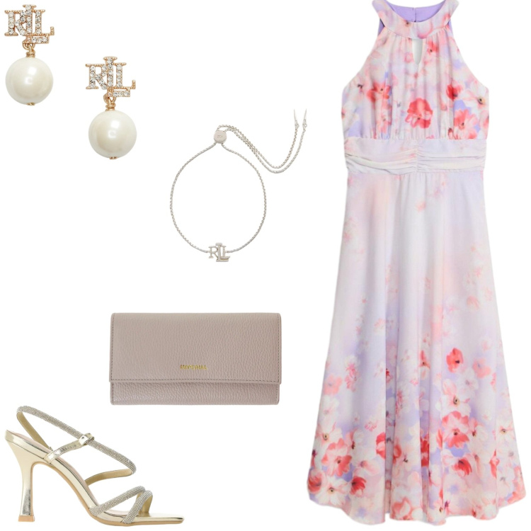 Outfit donna - Per una cerimonia. Stile Glamour per Cerimonia. Abbinamento con vestiti midi/longuette, sandali col tacco, portafogli, orecchini, braccialetti.