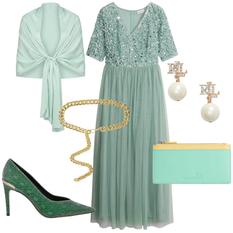 Outfit donna - Cerimonia. Stile Chic per Cerimonia. Abbinamento con décolleté, vestiti lunghi, stole, portafogli, cinture, orecchini.