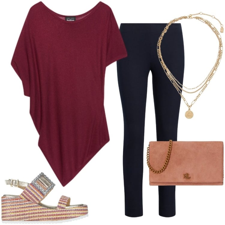 Outfit donna - Serata fuori. Stile Casual chic per Serata fuori. Abbinamento con sandali in pelle, top, pantaloni skinny, borse a tracolla, ciondoli.