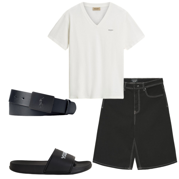 Outfit uomo - Casual look. Stile Casual per Tutti i giorni. Abbinamento con pantaloni corti, sandali, cinture, t-shirt.