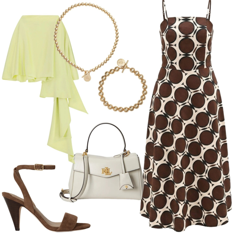 Outfit donna - Una serata d\'estate. Stile Chic per Serata fuori. Abbinamento con collane, braccialetti, borse a mano, sandali in pelle, vestiti lunghi, scialli.