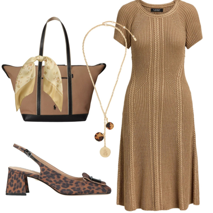 Outfit donna - Tinta cammello. Stile Casual chic per Serata fuori. Abbinamento con décolleté, vestiti, borse tote, collane, foulard.