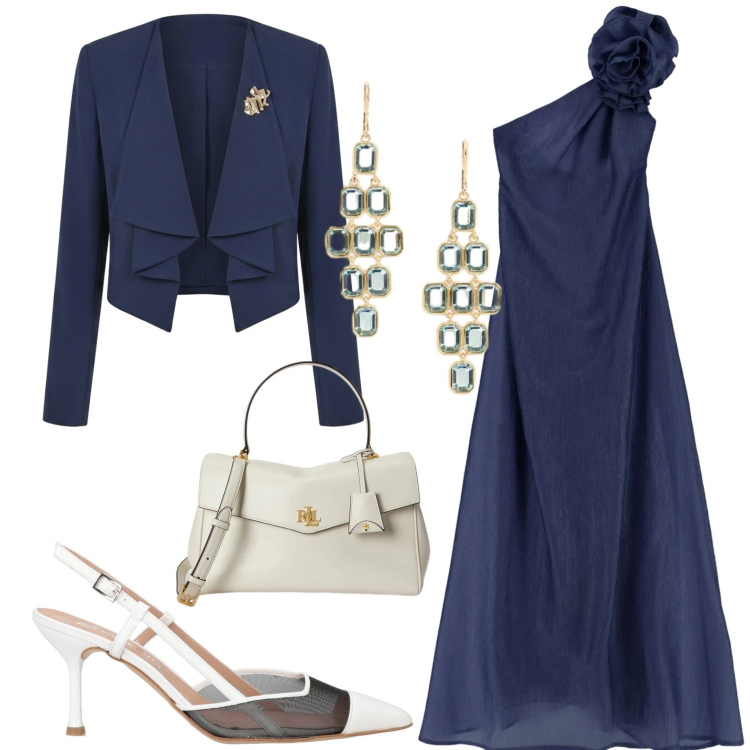Outfit donna - Cerimonia. Stile Chic per Cerimonia. Abbinamento con décolleté, blazer, vestiti lunghi, borse a mano, orecchini.