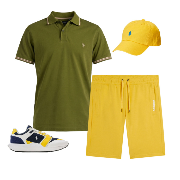 Outfit uomo - Sole d\'Estate in Verde Oliva ️. Stile Business/Elegante per Tutti i giorni. Abbinamento con polo, pantaloni corti, sneakers, cappelli con visiera.