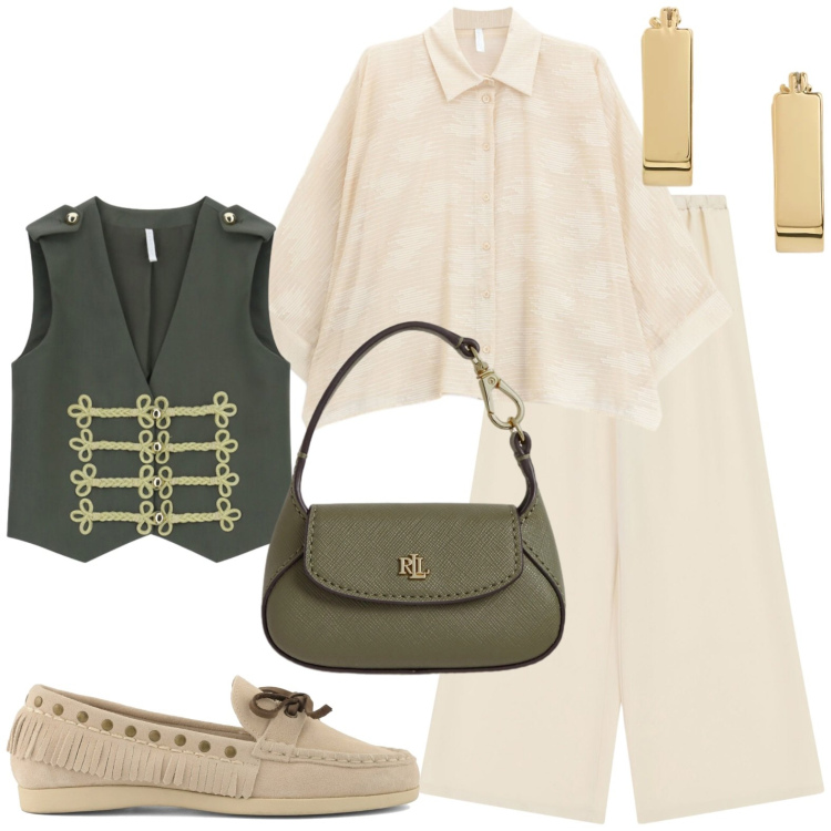 Outfit donna - Con gilet. Stile Casual per Tutti i giorni. Abbinamento con borse a mano, orecchini, gilet, pantaloni a palazzo, camicie, mocassini.