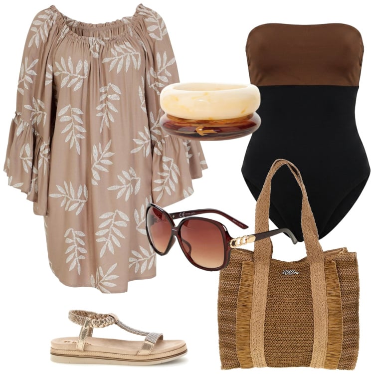 Outfit donna - Con stile. Stile Chic per Mare. Abbinamento con vestiti da spiaggia, occhiali da sole, braccialetti, costumi interi, borse a spalla, sandali.