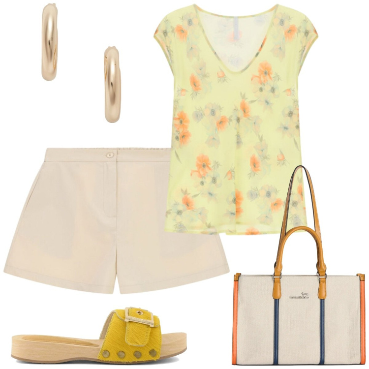 Outfit donna - Semplicemente luminosa. Stile Casual chic per Tutti i giorni. Abbinamento con borse tote, orecchini, top, shorts, ciabatte.
