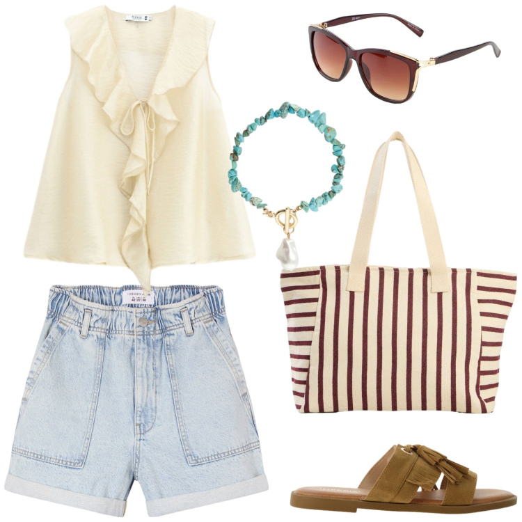 Outfit donna - Summer. Stile Minimal per Tutti i giorni. Abbinamento con occhiali da sole, shopping bag, shorts, top, sandali, braccialetti.