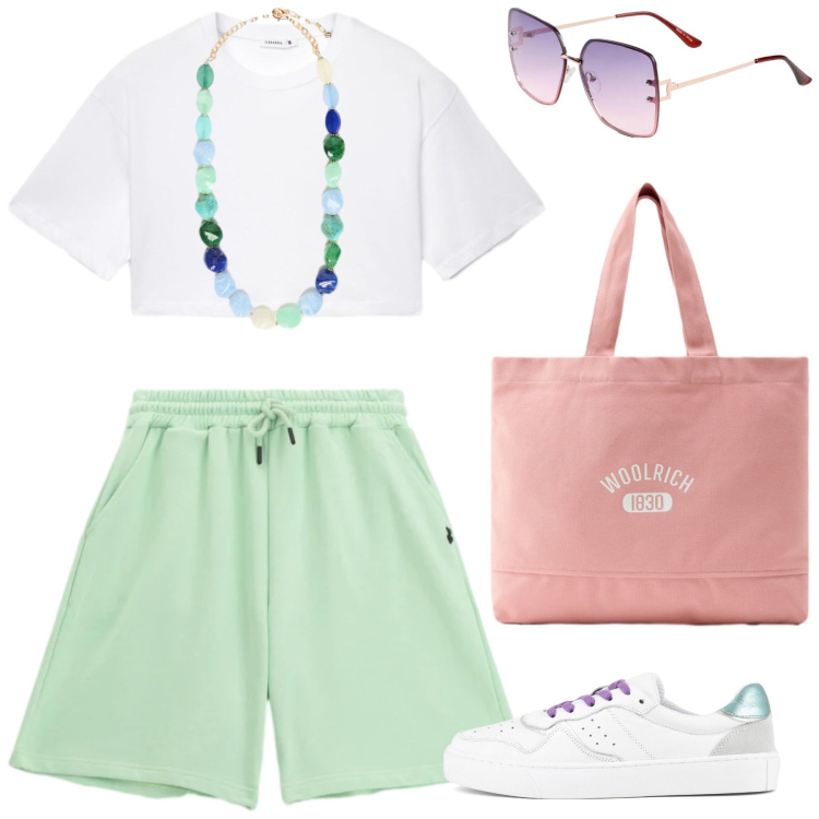 Outfit donna - Total look #2434442. Stile Basic per Tutti i giorni. Abbinamento con occhiali da sole, t-shirt, bermuda, collane, borse tote, sneakers.