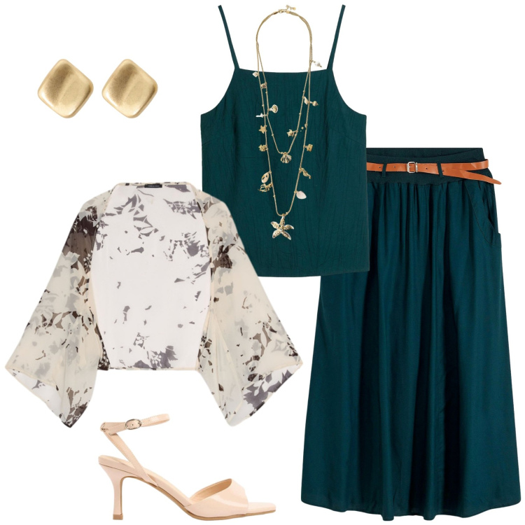 Outfit donna - Il Verde Foresta. Stile Chic per Serata fuori. Abbinamento con gonne lunghe, top, sandali col tacco, collane, orecchini, bolero.