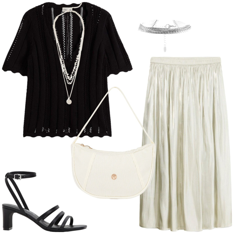 Outfit donna - Minimal ed elegante. Stile Chic per Tutti i giorni. Abbinamento con bluse, gonne longuette, collane, sandali col tacco, braccialetti, borse a mano.