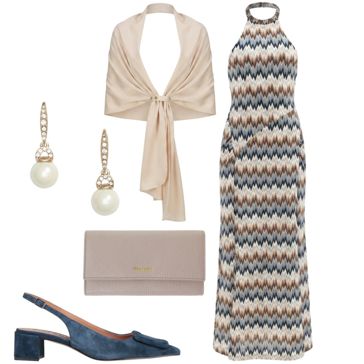 Outfit donna - Serata. Stile Chic per Serata fuori. Abbinamento con décolleté, orecchini, vestiti lunghi, stole, portafogli.