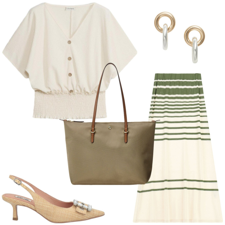 Outfit donna - Minimal ed elegante. Stile Chic per Serata fuori. Abbinamento con décolleté, bluse, borse tote, orecchini, gonne lunghe.
