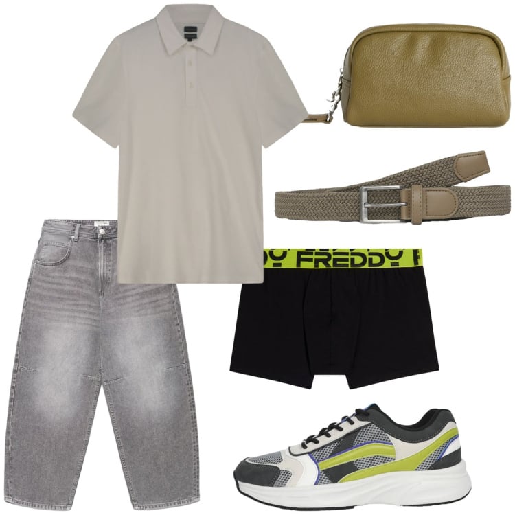 Outfit uomo - Logo in vista. Stile Casual per Tutti i giorni. Abbinamento con borse sportive, cinture, sneakers, jeans, boxer, polo.