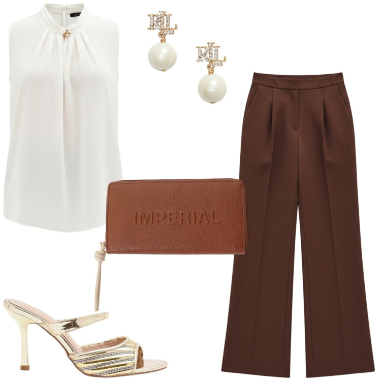 Outfit donna - Cerimonia di sera. Stile Glamour per Cerimonia. Abbinamento con top, pantaloni a palazzo, sabot, portafogli, orecchini.