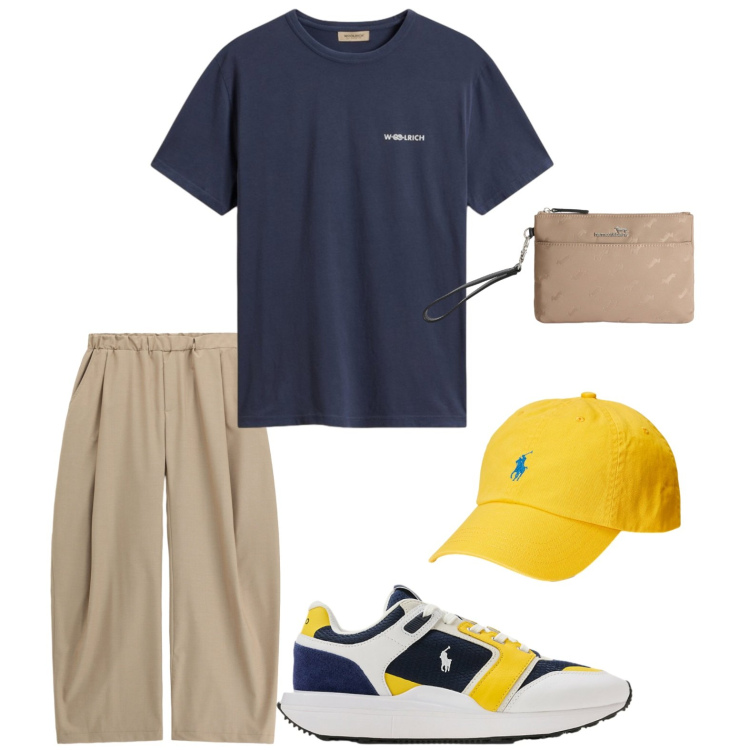Outfit uomo - Col sole in testa. Stile Casual per Tutti i giorni. Abbinamento con borse sportive, t-shirt, sneakers, cappelli con visiera, pantaloni.
