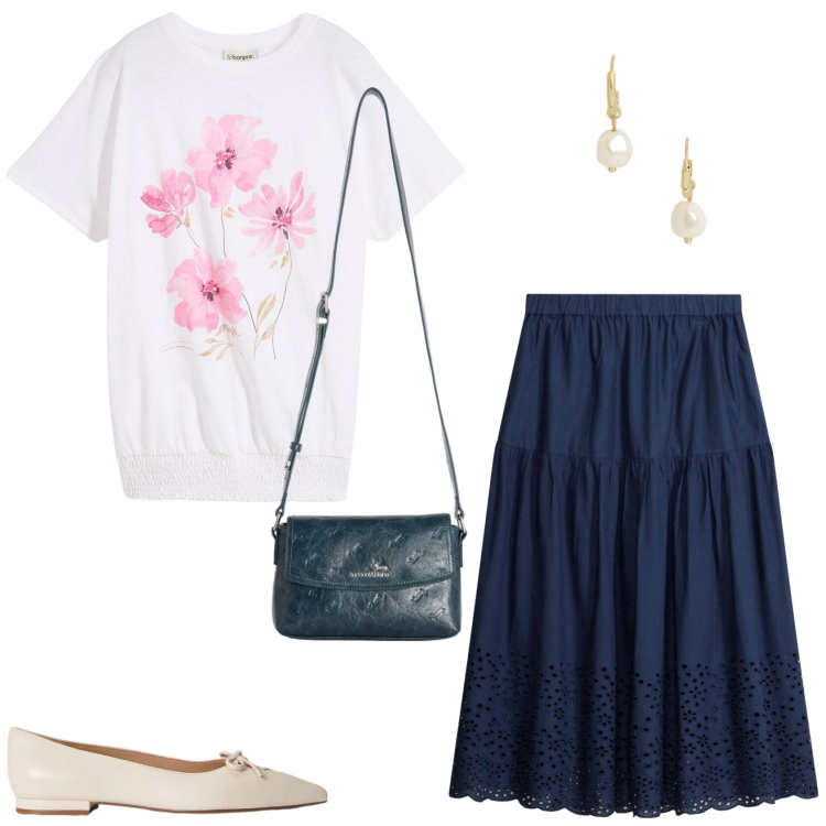Outfit donna - Basic e romantica. Stile Romantica per Tutti i giorni. Abbinamento con gonne longuette, t-shirt, borse a tracolla, ballerine, orecchini.
