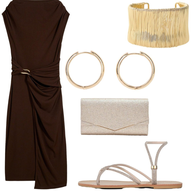 Outfit donna - Cioccolata e oro su pelle abbronzata. Stile Chic per Serata fuori. Abbinamento con vestiti midi/longuette, orecchini, sandali, clutch, braccialetti.