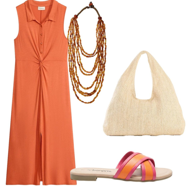 Outfit donna - Un sorso di aranciata. Stile Chic per Tutti i giorni. Abbinamento con vestiti chemisier, ciabatte, shopping bag, collane.