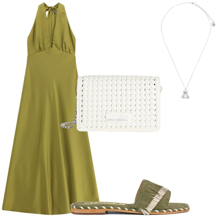 Outfit donna - Che bel verde. Stile Chic per Serata fuori. Abbinamento con borse a tracolla, ciondoli, vestiti lunghi, ciabatte.